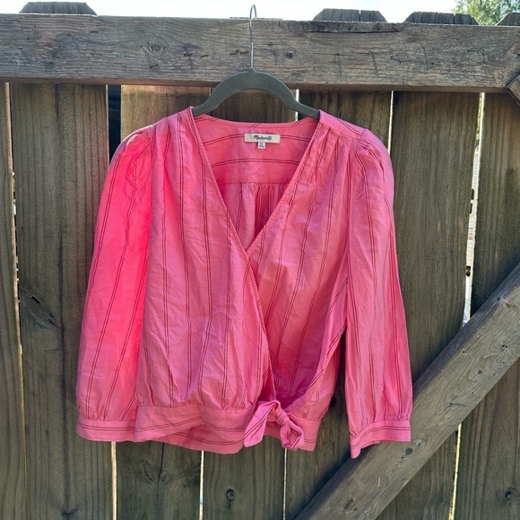 Madewell Contemporary Cecilia Striped Pink Bubble Sleeve Wrap Top Blouse - Picture 5 of 12